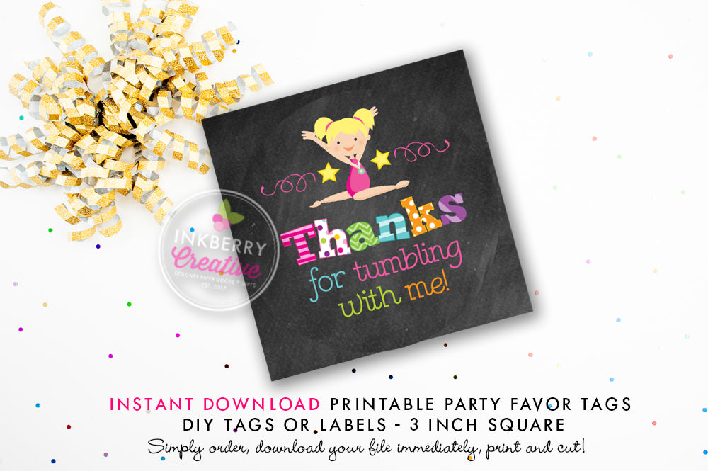 Girls Gymnastics Birthday - Printable 3 inch Birthday Party Favor Tags - Instant Download PDF File - inkberrycards