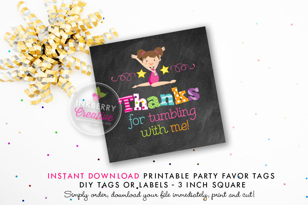Girls Gymnastics Birthday - Printable 3 inch Birthday Party Favor Tags - Instant Download PDF File - inkberrycards