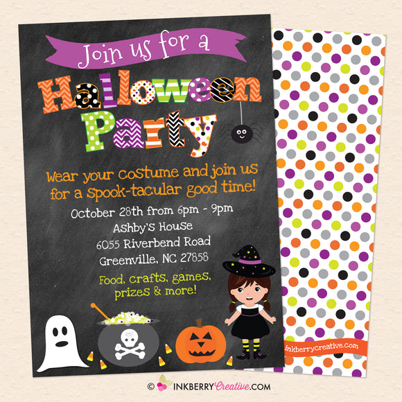 Cute Witch Kids Halloween Party - Chalkboard, Not So Scary, Ghost, Witch, Candy Corn - Printable, Instant Download, Editable, PDF