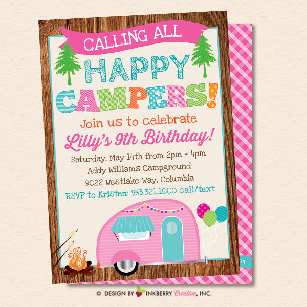 Happy Camper Party Invitation - Girls Camping Birthday Party - Printable, Instant Download, Editable, PDF - inkberrycards