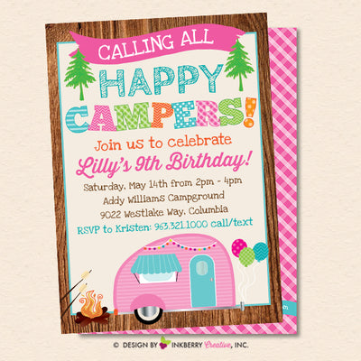 Happy Camper Party Invitation - Girls Camping Birthday Party - Printable, Instant Download, Editable, PDF - inkberrycards