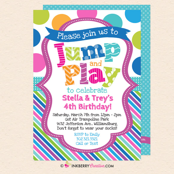 Jump and Play Kids Bounce or Trampoline Birthday Party Invitation (Blue) - Printable, Instant Download, Editable, PDF