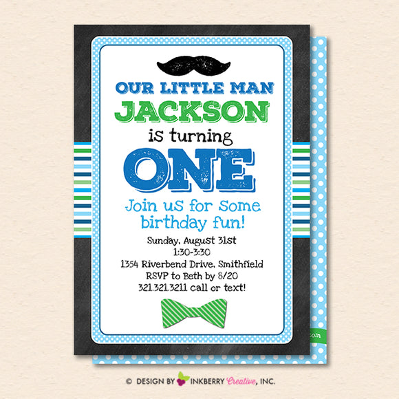 Little Man Mustache Bow Tie First Birthday Party Invitation - Printable, Instant Download, Editable, PDF - inkberrycards