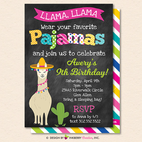 Llama Pajama Birthday Party Invitation - Chalkboard, Llama Llama Pajama Invite - Printable, Instant Download, Editable, PDF