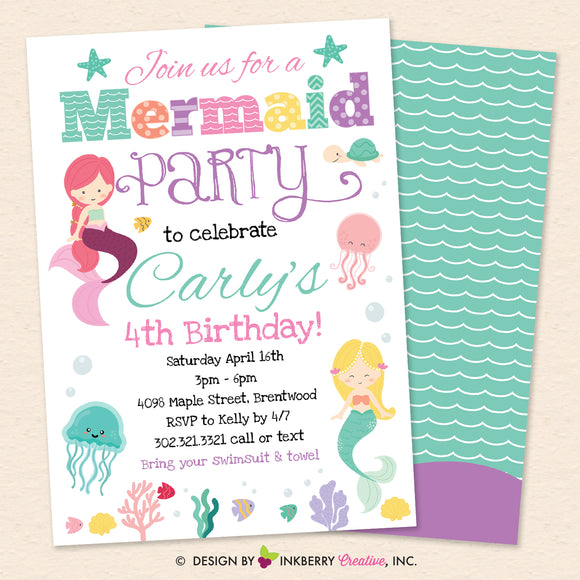 Mermaid Birthday Party Invitation, Under the Sea, Ocean, Beach