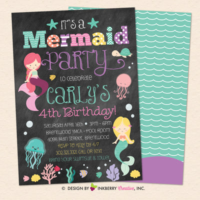 Mermaid Birthday Party Invitation, Chalkboard Style, Under the Sea, Ocean, Beach Theme, Printable, Instant Download, Editable, PDF