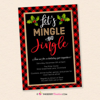 Mingle Jingle Christmas Party Invitation Red Black Buffalo Plaid, Holiday Party - Digital Printable File, Instant Download, Editable PDF