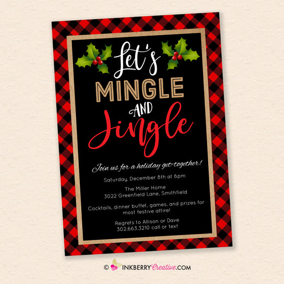 Mingle Jingle Christmas Party Invitation Red Black Buffalo Plaid, Holiday Party - Digital Printable File, Instant Download, Editable PDF