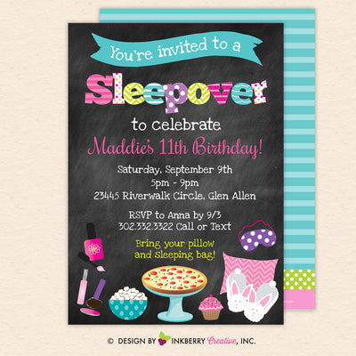 Sleepover Slumber Birthday Party Invitation (Chalkboard Style) - Kids Pizza Pajama Slumber Sleepover Birthday Party Invite - Printable, Instant Download, Editable, PDF - inkberrycards