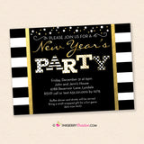 New Year's Eve Party Invitation, Black White Stripe, Black Gold Confetti Patterns, Printable Invite, Instant Download, Editable, PDF