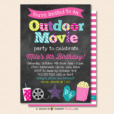 Outdoor Movie Party Invitation - Backyard, Outdoor, Birthday, Girls Movie Party - Printable, Instant Download, Editable, PDF - inkberrycards
