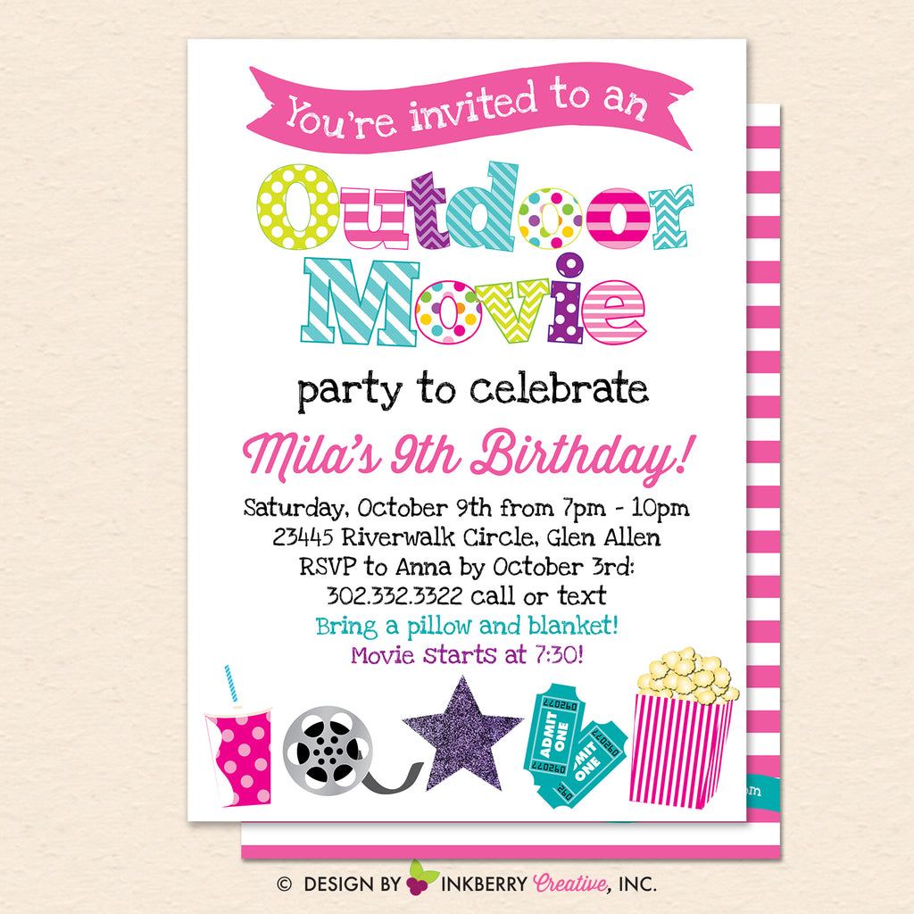 Outdoor Movie Party Invitation - Backyard, Outdoor, Birthday, Girls Movie Party - Printable, Instant Download, Editable, PDF