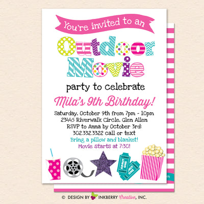 Outdoor Movie Party Invitation - Backyard, Outdoor, Birthday, Girls Movie Party - Printable, Instant Download, Editable, PDF