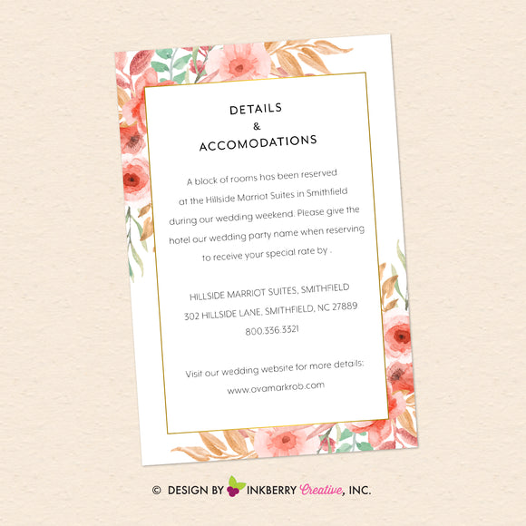 Beautiful Blooms - Watercolor Painted Floral Printable Wedding Invitation Insert Card - Custom Design, Printable File, We Personalize, Edit - You Print - inkberrycards