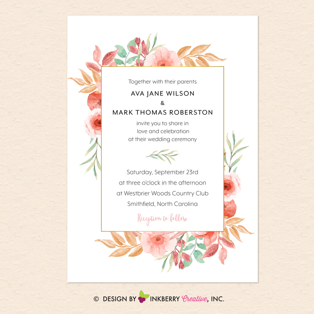 Beautiful Blooms - Watercolor Painted Floral Printable Wedding Invitation - Instant Download, Editable PDF - Edit with Adobe Reader - inkberrycards