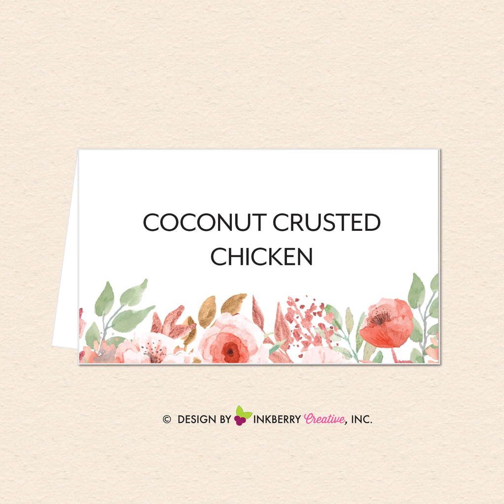 Beautiful Blooms - Watercolor Painted Floral Printable Place Card, Food Tent Card - Instant Download, Editable PDF - Edit with Adobe Reader - inkberrycards