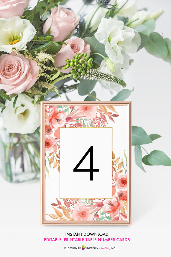 Beautiful Blooms - Watercolor Painted Floral Printable Wedding Table Number Cards - Instant Download, Editable PDF - Edit with Adobe Reader - inkberrycards