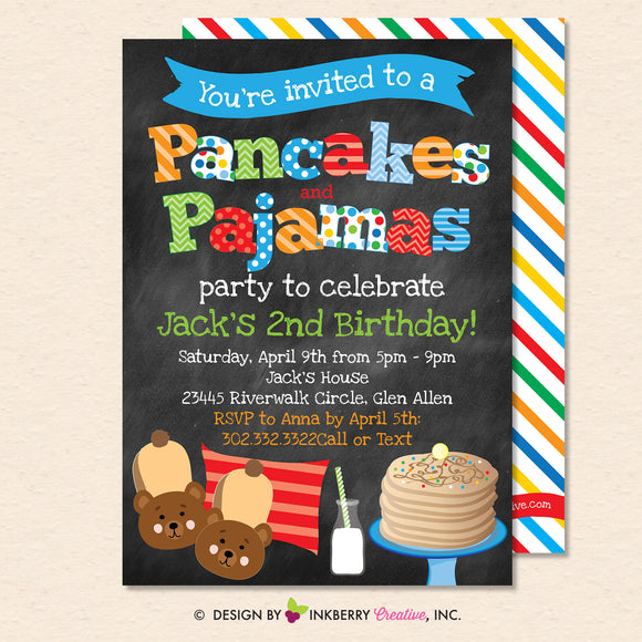 Pancakes and Pajamas Party Invitation - Boys - (Chalkboard Style) - Boys Pancakes Pajama Birthday Party Invite - Printable, Instant Download, Editable, PDF - inkberrycards