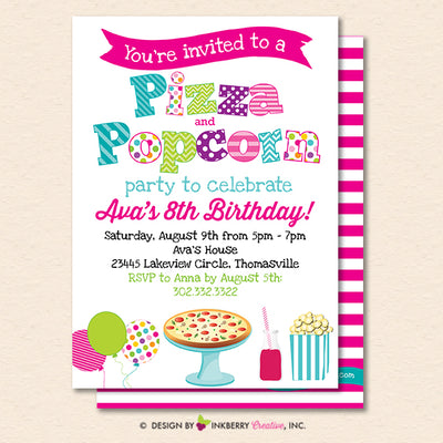 Pizza and Popcorn Party Invitation (White) - Kids Pizza Popcorn Birthday Party Invite - Printable, Instant Download, Editable, PDF - inkberrycards