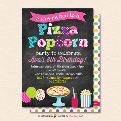 Pizza and Popcorn Party Invitation (Chalkboard Style) - Kids Pizza Popcorn Birthday Party Invite - Printable, Instant Download, Editable, PDF - inkberrycards
