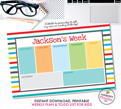 Printable Kids Weekly Planner and To Do List - Instant Download, PDF, Printable Daily Weekly Planner for Kids - Homework, School, Chores - inkberrycards