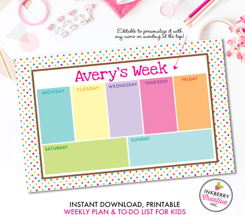 Printable Kids Weekly Planner and To Do List - Instant Download, PDF, Printable Daily Weekly Planner for Kids - Homework, School, Chores - inkberrycards