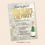 New Year's Eve Party Invitation, Silver Gold Confetti Champagne Glass, Bottle of Champagne, Printable Invite, Instant Download, Editable, PDF