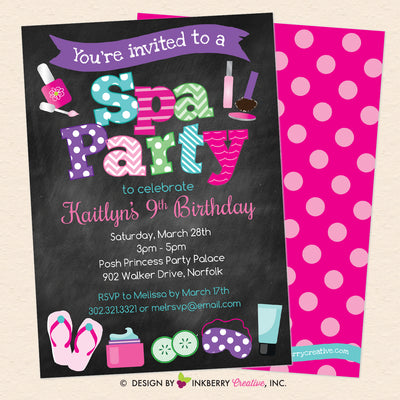 Spa Birthday Party Invitation - Chalkboard Style - Printable, Instant Download, Editable, PDF - inkberrycards