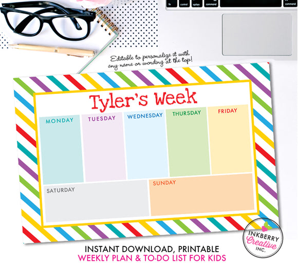 Printable Kids Weekly Planner and To Do List - Instant Download, PDF, Printable Daily Weekly Planner for Kids - Homework, School, Chores - inkberrycards