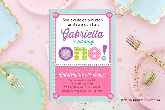 Cute as a Button First 1st Birthday Party Invitation - Printable, Instant Download, Editable, PDF