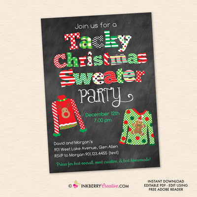 Tacky Christmas Sweater Party Invitation, Ugly Christmas Sweater Party Chalkboard Holiday Invite, Printable, Instant Download, Editable, PDF
