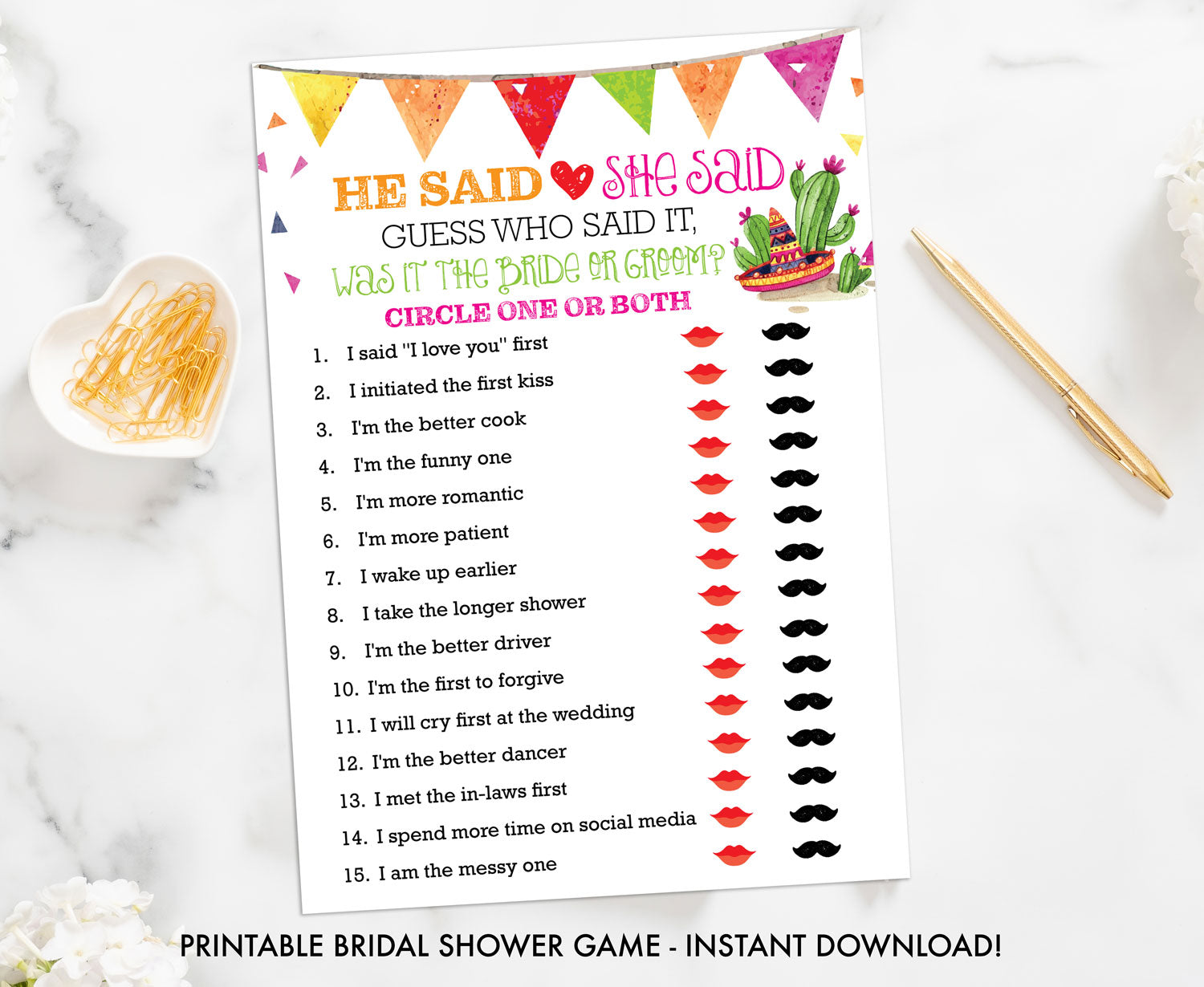 Taco Bout Love Bridal Shower - He Said She Said - Printable Shower Game