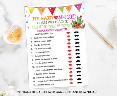 Taco Bout Love Bridal Shower - He Said She Said - Printable Shower Game