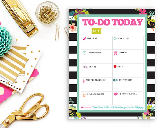 To Do List Notepad - Today's Plan - Premium Daily Planner Notepad - Black and White Striped Floral