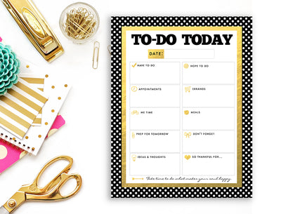 To Do List Notepad - Daily Planner Notepad - Gold, Black and White Dot