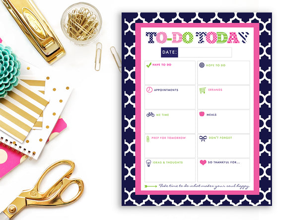 To Do List Notepad - Daily Planner Notepad - Preppy Patterns (Navy, Pink and Green)
