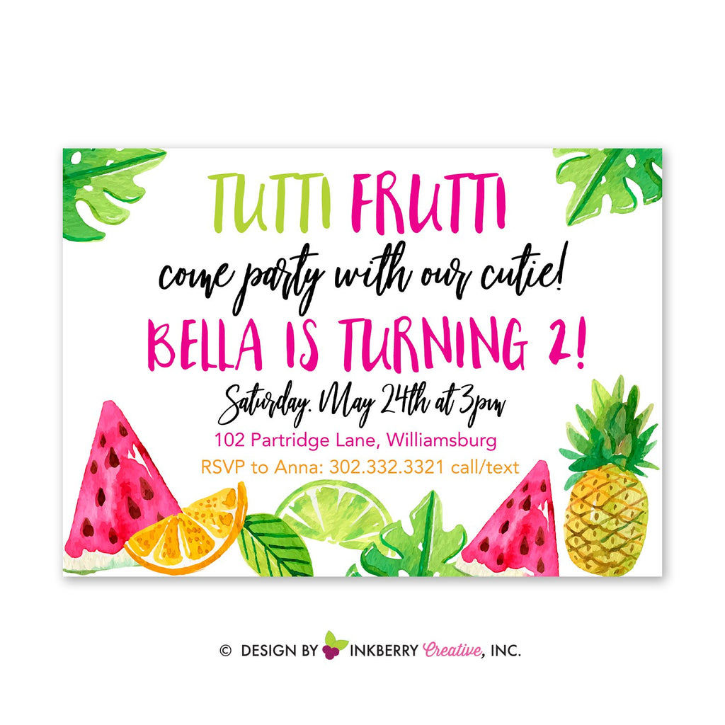 Tutti Frutti Birthday Invitation, Two-ty Fruity, Two-tti Frutti, Fruit Party Invitation - 2nd Birthday, Watermelon, Pineapple, Oranges, Lime - inkberrycards