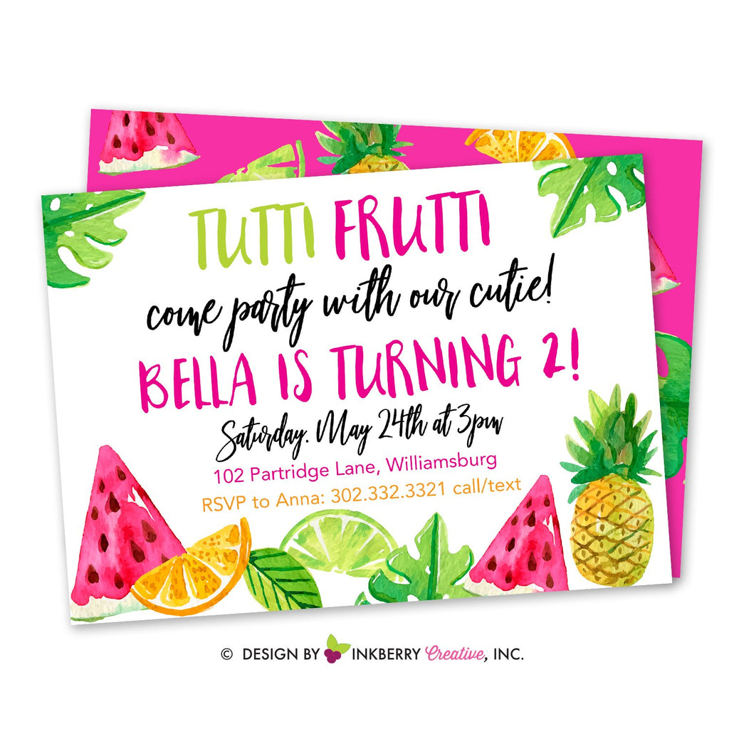 Tutti Frutti Birthday Invitation, Two-ty Fruity, Two-tti Frutti, Fruit Party Invitation - 2nd Birthday, Watermelon, Pineapple, Oranges, Lime - inkberrycards