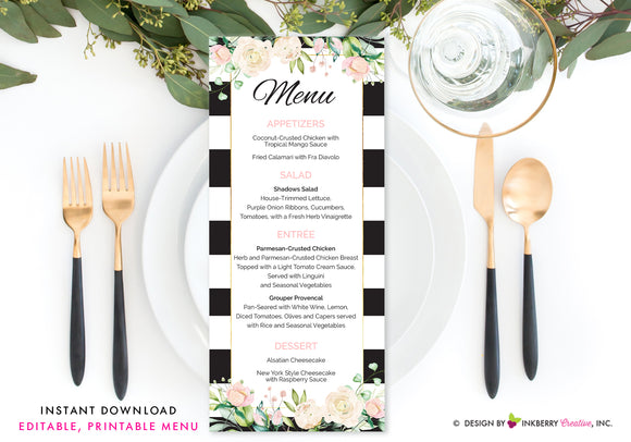 Black White Stripe Floral Wedding, Shower, Event Menu - Printable, Editable, Menu Cards - Instant Download, Editable PDF File, Print Your Own - inkberrycards