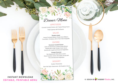 Painted Rose and Greenery Floral Wedding Menu - Printable, Editable, Menu Cards - Instant Download, Editable PDF File, Print Your Own - inkberrycards