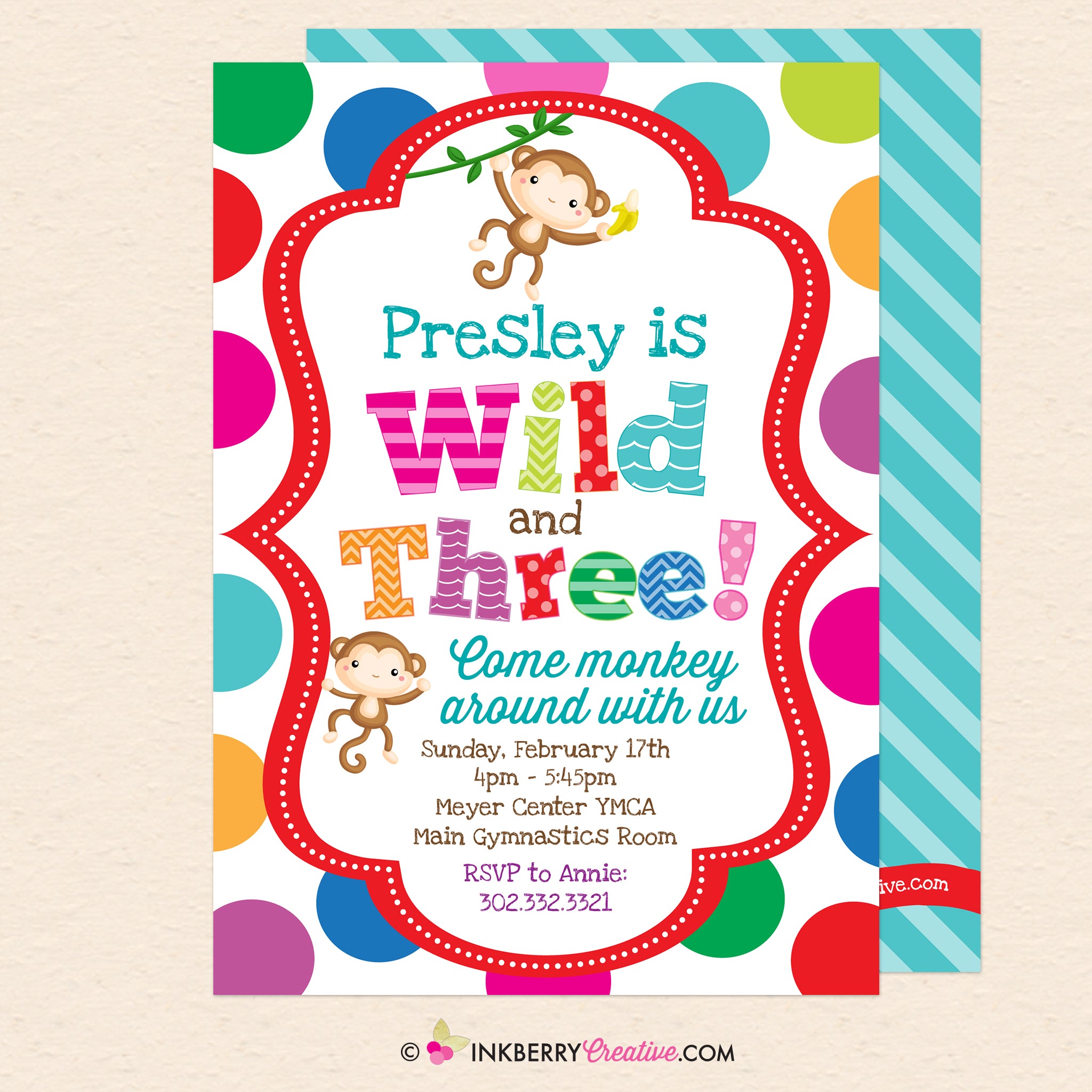 Wild and Three Monkey Theme 3rd Birthday Party Invitation - Printable, Instant Download, Editable, PDF