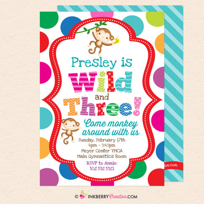 Wild and Three Monkey Theme 3rd Birthday Party Invitation - Printable, Instant Download, Editable, PDF