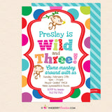 Wild and Three Monkey Theme 3rd Birthday Party Invitation - Printable, Instant Download, Editable, PDF
