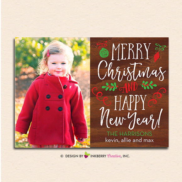 Hand Lettered Woodgrain Christmas Photo Card - inkberrycards