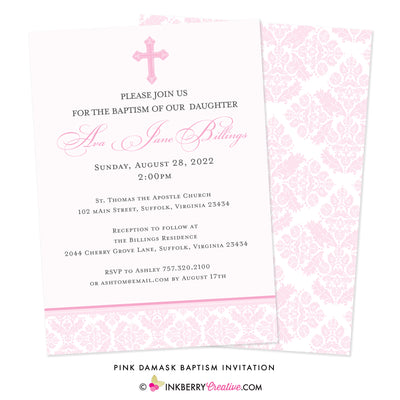 Pink Damask - Girl's Baptism Invitation - inkberrycards