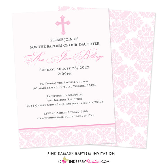 Pink Damask - Girl's Baptism Invitation - inkberrycards