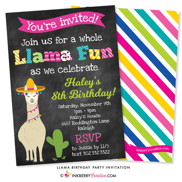 Llama Birthday Party Invitation - Chalkboard Style - inkberrycards