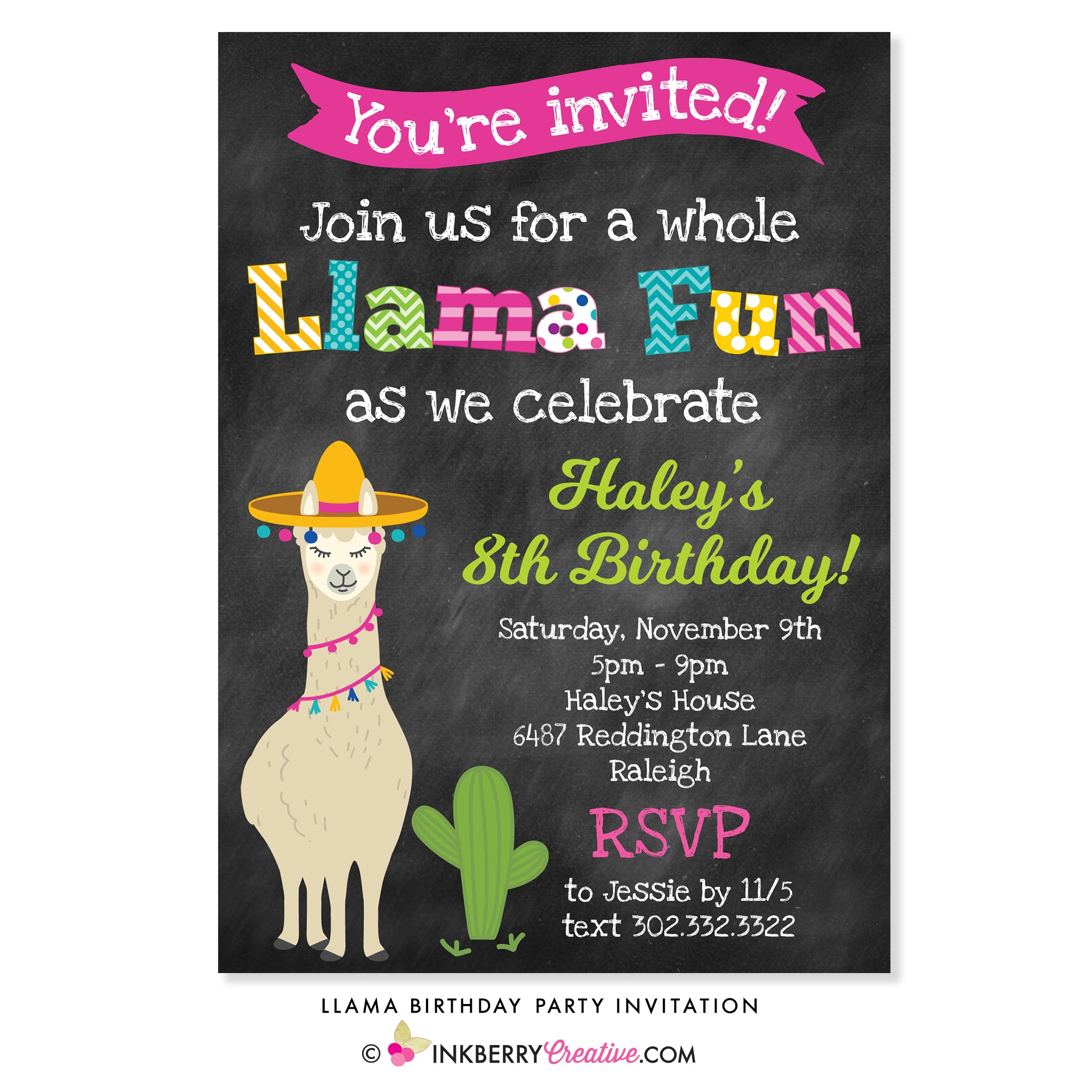 Llama Birthday Party Invitation - Chalkboard Style – Inkberry Creative ...