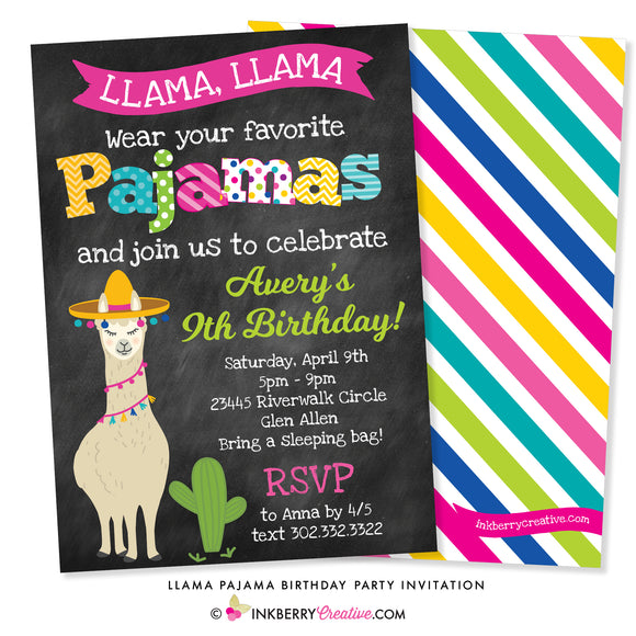 Llama Pajama Birthday Party Invitation - Chalkboard Style - inkberrycards
