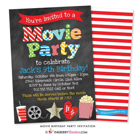 Movie Birthday Party Invitation - Chalkboard Style - inkberrycards
